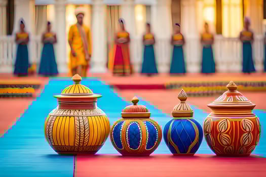 a group of colorful vases on a red carpet. AI-Generated photo