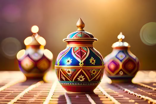 three colorful vases on a wooden table. AI-Generated photo