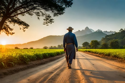 a man in a hat walks down a dirt road. AI-Generated photo