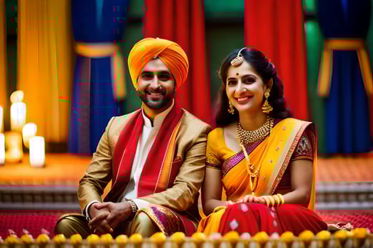 a couple in traditional indian attire sitting on a red carpet. AI-Generated photo