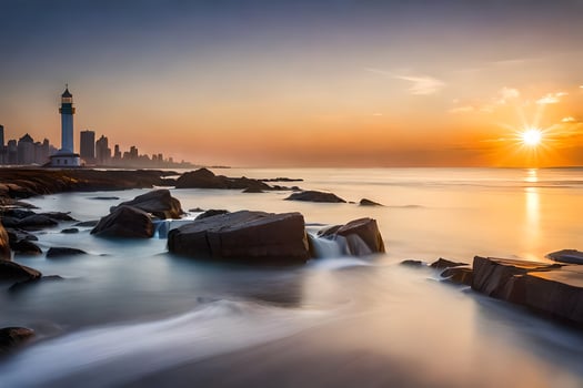 the sun sets over the ocean and rocks. AI-Generated photo