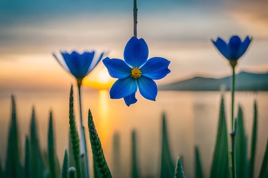 blue flower, the sea, sunrise, the sea, the sea, the sea, the sea. AI-Generated photo