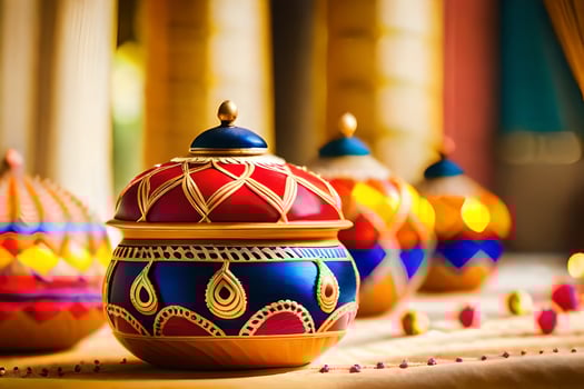 colorful diyas on a table with candles. AI-Generated photo