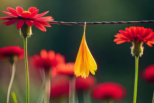 red flowers and yellow flower on a wire. AI-Generated photo