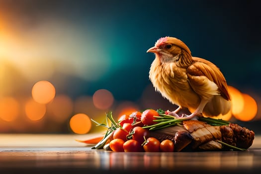 a chicken is sitting on a table with tomatoes. AI-Generated photo