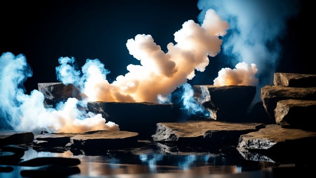 Abstract minimal concept. Dark background with natural granite stones podium on water and smoke surrounding. photo