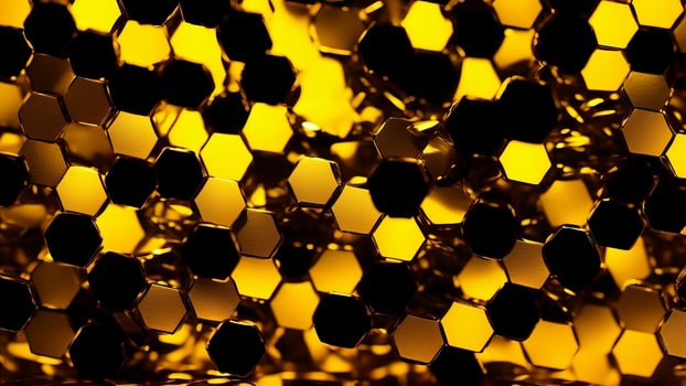 Luxury hexagonal abstract black metal background with golden light lines. photo