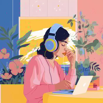 AI Generated flat illustration of a lady wearing headphone with plants in the house photo