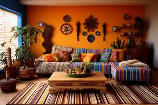 Beautiful ethno-style living room, retro-old living room, different conceptual style, different kind of living room object, interior style photo