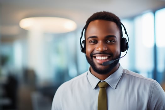 A call center employee with a headset at work.AI generative photo