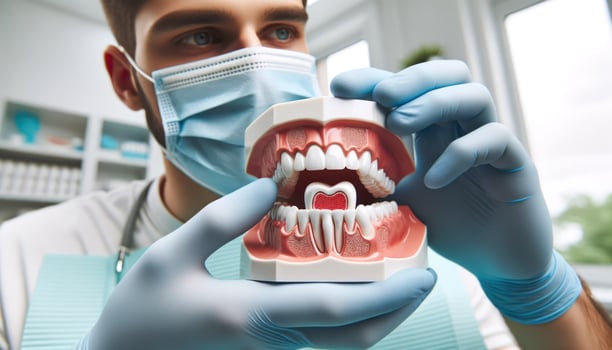 Close-up photo capturing the moment a dentist, wearing gloves and mask, showcases a dental model to a patient.. Generative AI