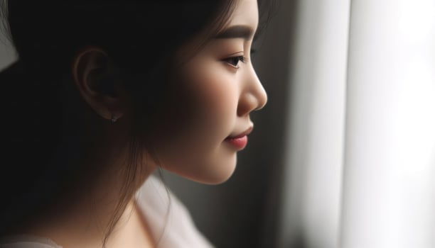 Close-up perspective of a pregnant woman's profile as she gazes out a window, lost in thought. The natural light casts a serene glow on her features. Generative AI photo