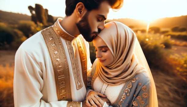 A touching scene of a couple of Middle Eastern descent, where the man gently kisses the forehead of his pregnant partner.. Generative AI photo