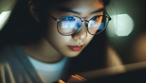 Close-up photo of a young Asian woman, her face illuminated by the soft glow of a laptop screen. Generative AI