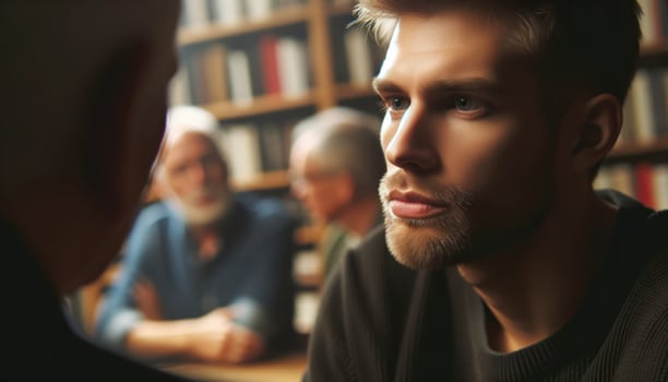 a man with fair skin and short blonde hair, deeply engrossed in a book club discussion. The close-up captures his contemplative look. Generative AI photo