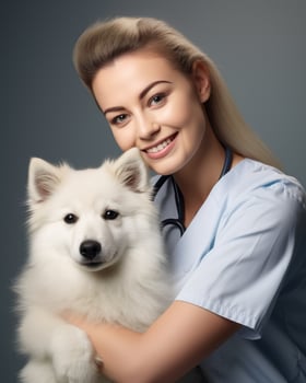 A veterinary woman holding a dog. Generative AI photo