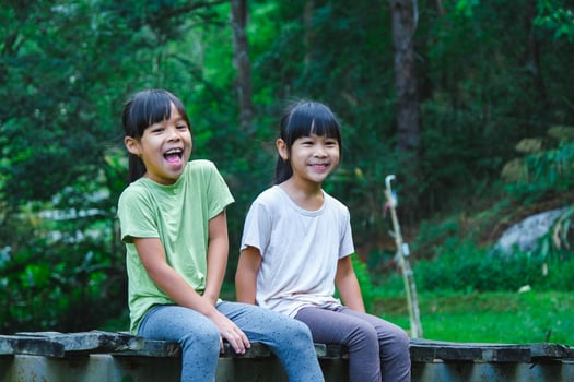 Cute Asian girls sitting together on wooden bridge. Two happy young cute girls are having fun outdoors. Asian siblings playing in the garden. photo