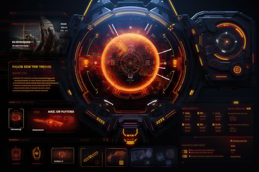 Futuristic HUD interface on a dark background. Futuristic HUD interface in the form of a planet, Game interface with futuristic weapons and graphics. Futuristic innovative technologies, AI Generated photo