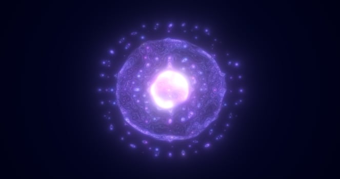 Blue energy glowing sphere futuristic atom from electric magic particles and energy waves background photo