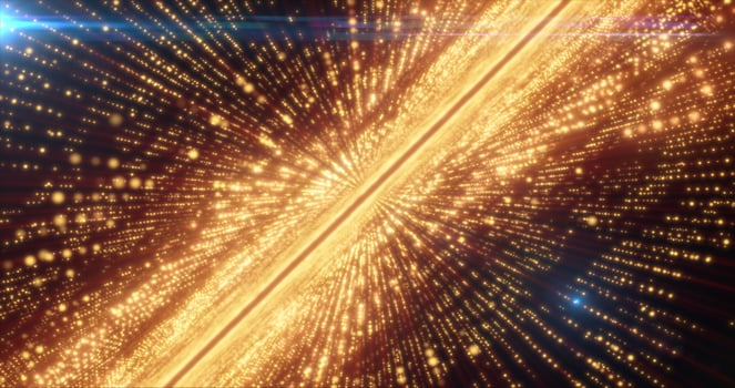 Abstract yellow energy hi-tech lines and digital particles fly in a tunnel with bokeh effect glowing background photo