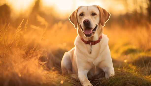 a yellow lab dog laying in the grass AI Generated photo