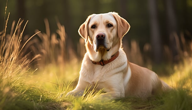 a yellow lab dog laying in the grass AI Generated photo