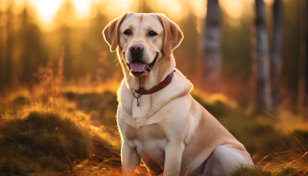 a yellow lab dog laying in the grass AI Generated photo