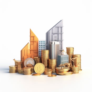 AI GENERATION Sky scraper and stack of coins, Pastel background. 3D rendering. Financial and investment business concepts photo