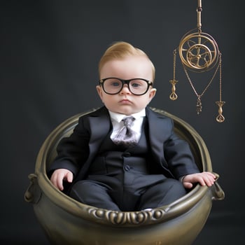 a 3 month old baby in a crib wearing a suit and round glasses with a necklace around his neck, AI Generative photo