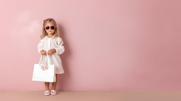 A little girl wearing a white dress and glasses, depicts the figure of a rich woman, holding a luxury brand shopping bag, AI Generative photo