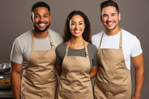 Group of volunteers serving food isolated on a gradient background photo