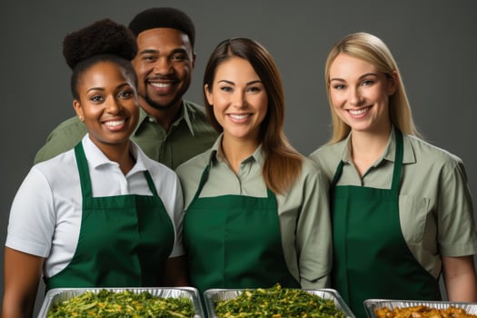 Group of volunteers serving food isolated on a gradient background photo