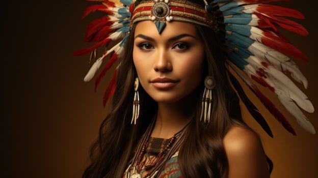 Native American woman in festive regalia isolated on a gradient background photo