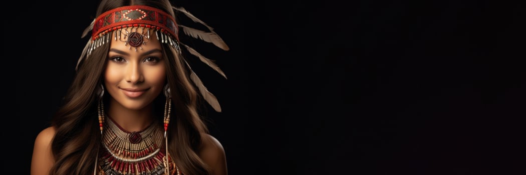 Native American woman in festive regalia isolated on a gradient background photo