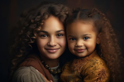 Young woman with little african kid photo shot. Generate Ai