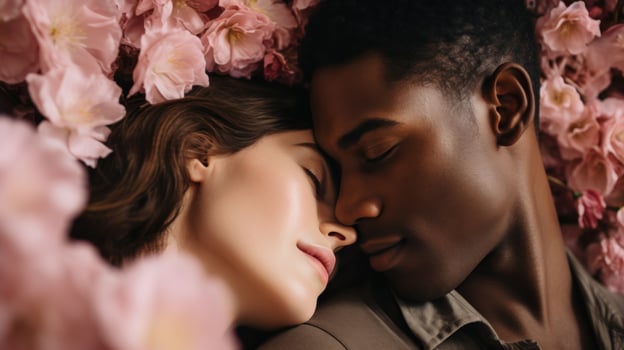 A couple getting closer among flying rose petals on Valentine's Day. Generative AI photo