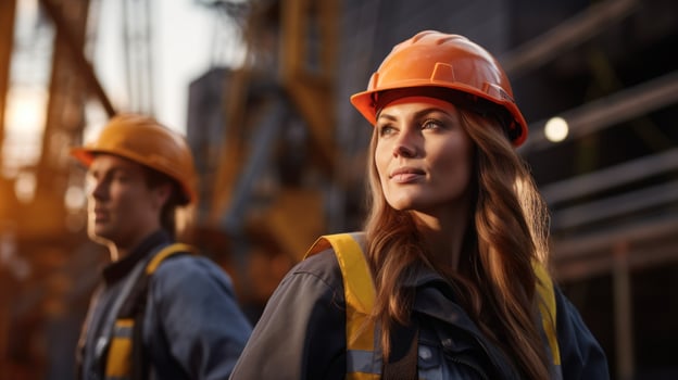 Young female engineer in protective helmet and clothes at work site. Generative AI photo