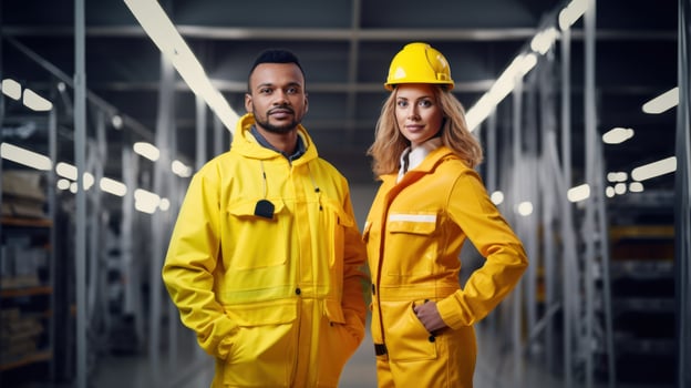 Two engineers inspecting a job site in protective helmets and suits. Generative AI photo