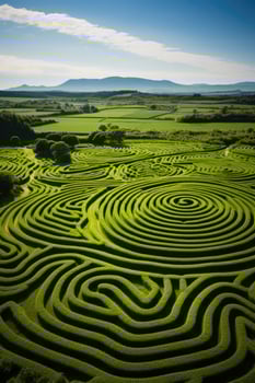 Aerial view of intricate crop circles and patterns on lush farmland photo
