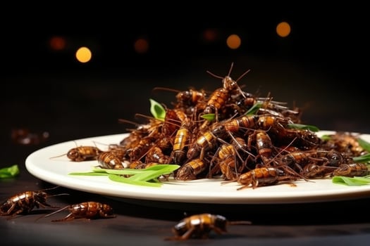 Exquisite edible insect dish presentation background with empty space for text photo