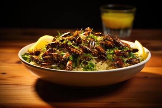 Edible insect dish presented elegantly isolated on a creative gradient background photo