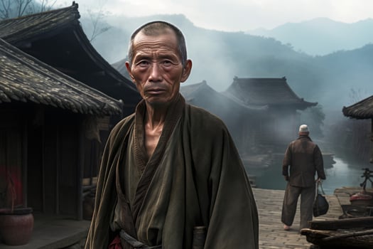 Drenched Chinese village person street. Generate Ai photo