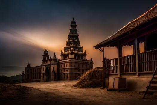 the sunset over the temple. AI-Generated photo