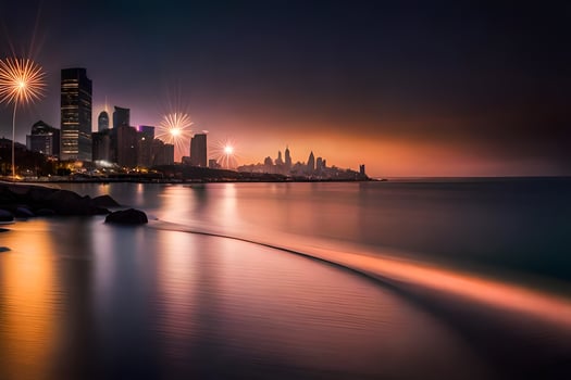 the city skyline at night with fireworks. AI-Generated photo