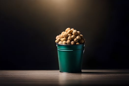 a bucket filled with peanuts on a table. AI-Generated photo