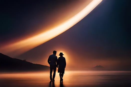 a couple standing on the beach at sunset. AI-Generated photo
