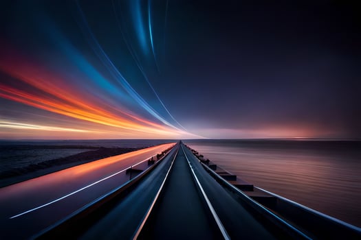 a long exposure photograph of a road with a train going through it. AI-Generated photo