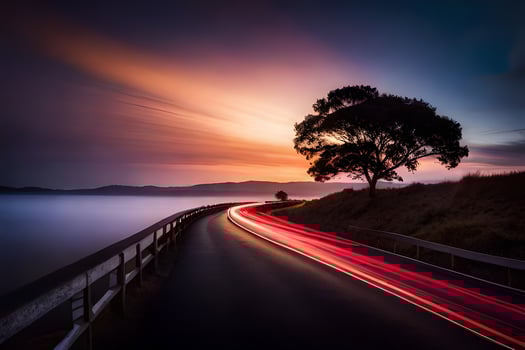 a long exposure photograph of a tree and road at sunset. AI-Generated photo