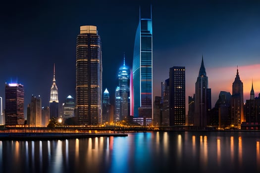 the city skyline at night with lights reflecting off the water. AI-Generated photo