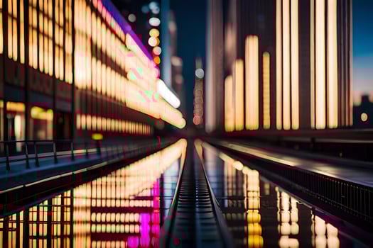 a city street at night with lights on the buildings. AI-Generated photo